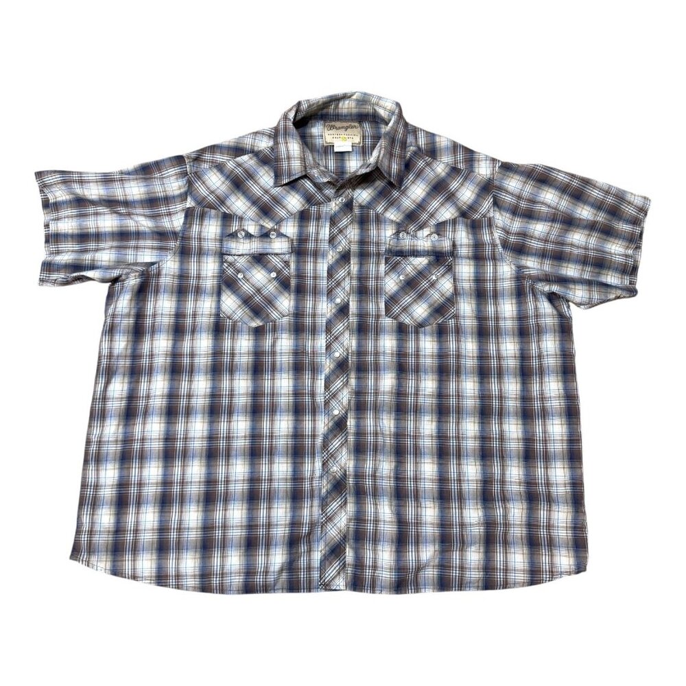 Wrangler Western Mens Plaid Short Sleeve Pearl Snap Shirt 3XL Cotton Blue White